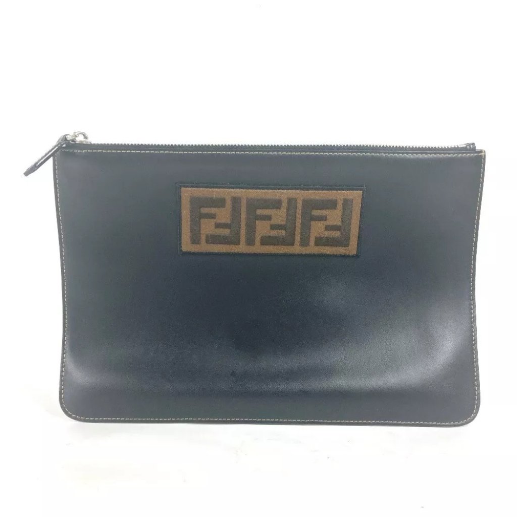Fendi 7n0078 Pouch Zucca Logo Bag Clutch Bag Leather Black/Brown